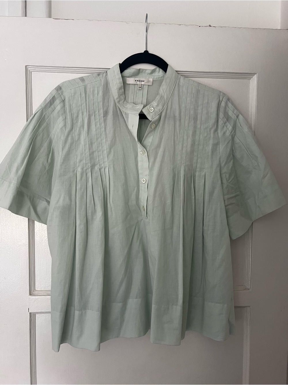 Frame Denim Mint Green Short Sleeve Pintuck Blouse